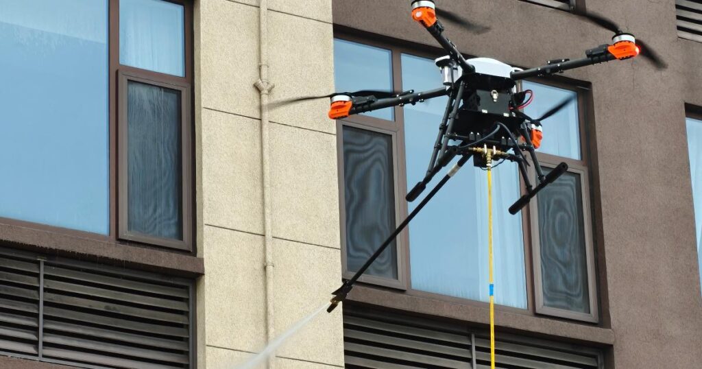 Facilities manager discussing exterior cleaning challenges and drone service viability before equipment investment
