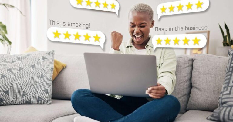 A business owner reviewing customer feedback on a laptop, showing the early shape of customer reviews as a signal, not just a score